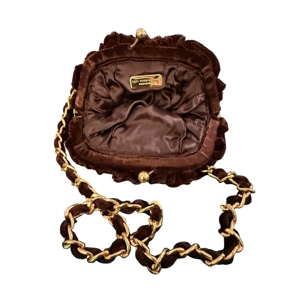 Saks‎ Fifth Avenue Italian Velvet Evening Bag Brown Gold Chain Vintage 1960s-70s